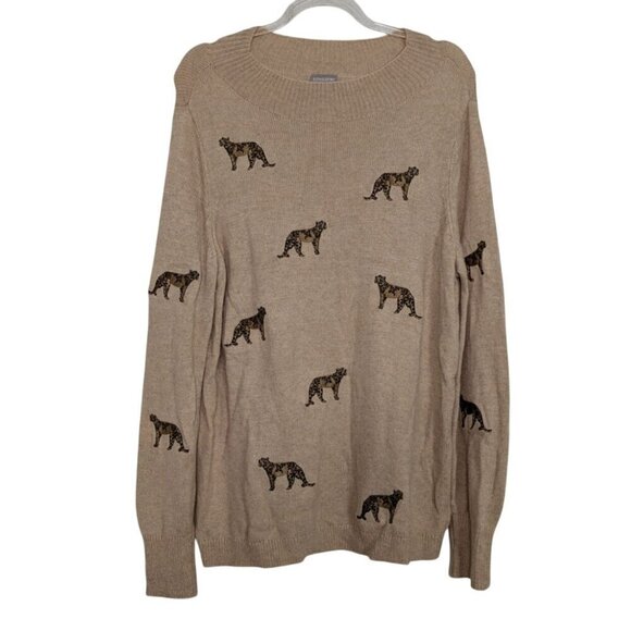 Chicos 1 Embroidered Cheetah Sweater Womens Size Medium Beige Wool Cashmere - Picture 1 of 10